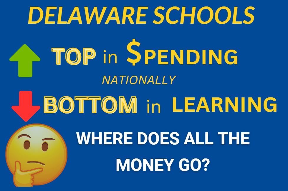 Sign about Delaware tops in spending, bottom in learning with curious emoji