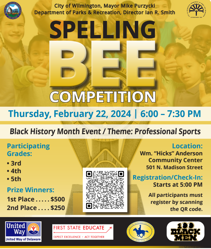 A yellow flyer advertising a spelling bee competition with details