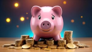 Pink pig facing camera with coins spread around