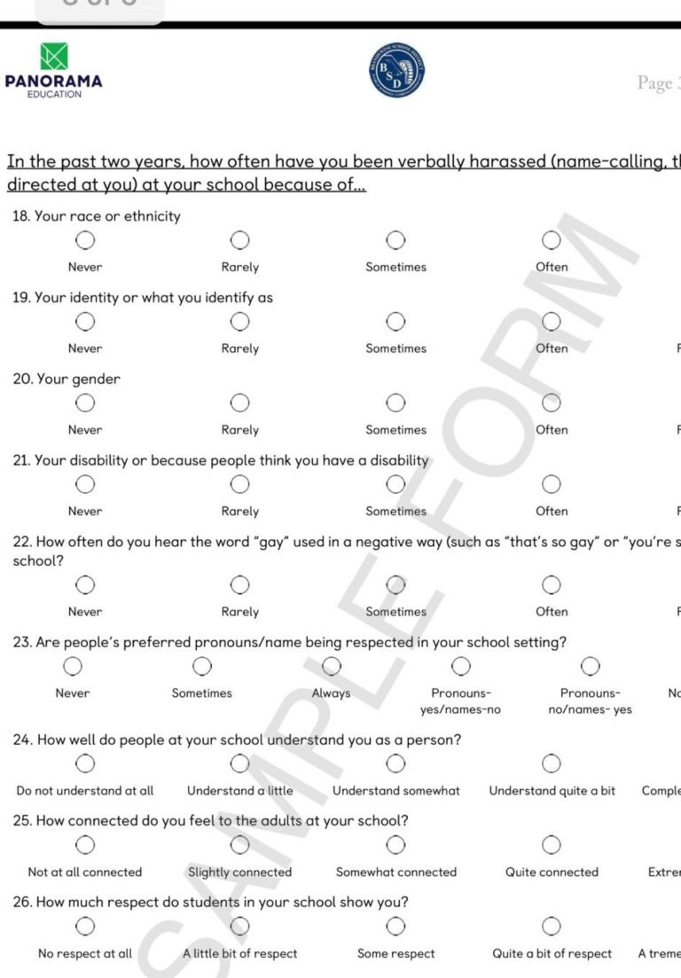 A series of questions given to secondary school students about equity and well being