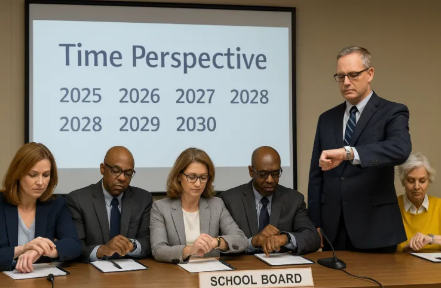 3 men and one woman sitting at a desk with one man standing and looking at his watch