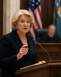 An older woman with short blond hair in a courtroom making a point with her hand