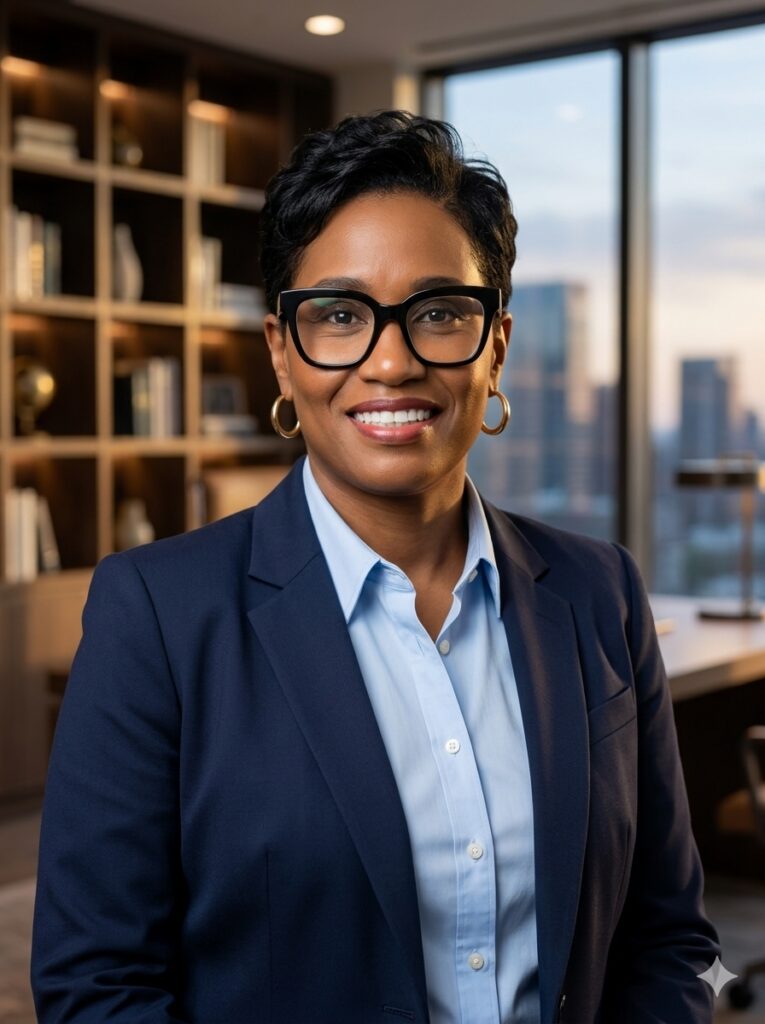 Smiling Black woman with large black glasses and dressed in a woman's business suit looking at the camera. Behind her is a bookcase and highrise buildings.